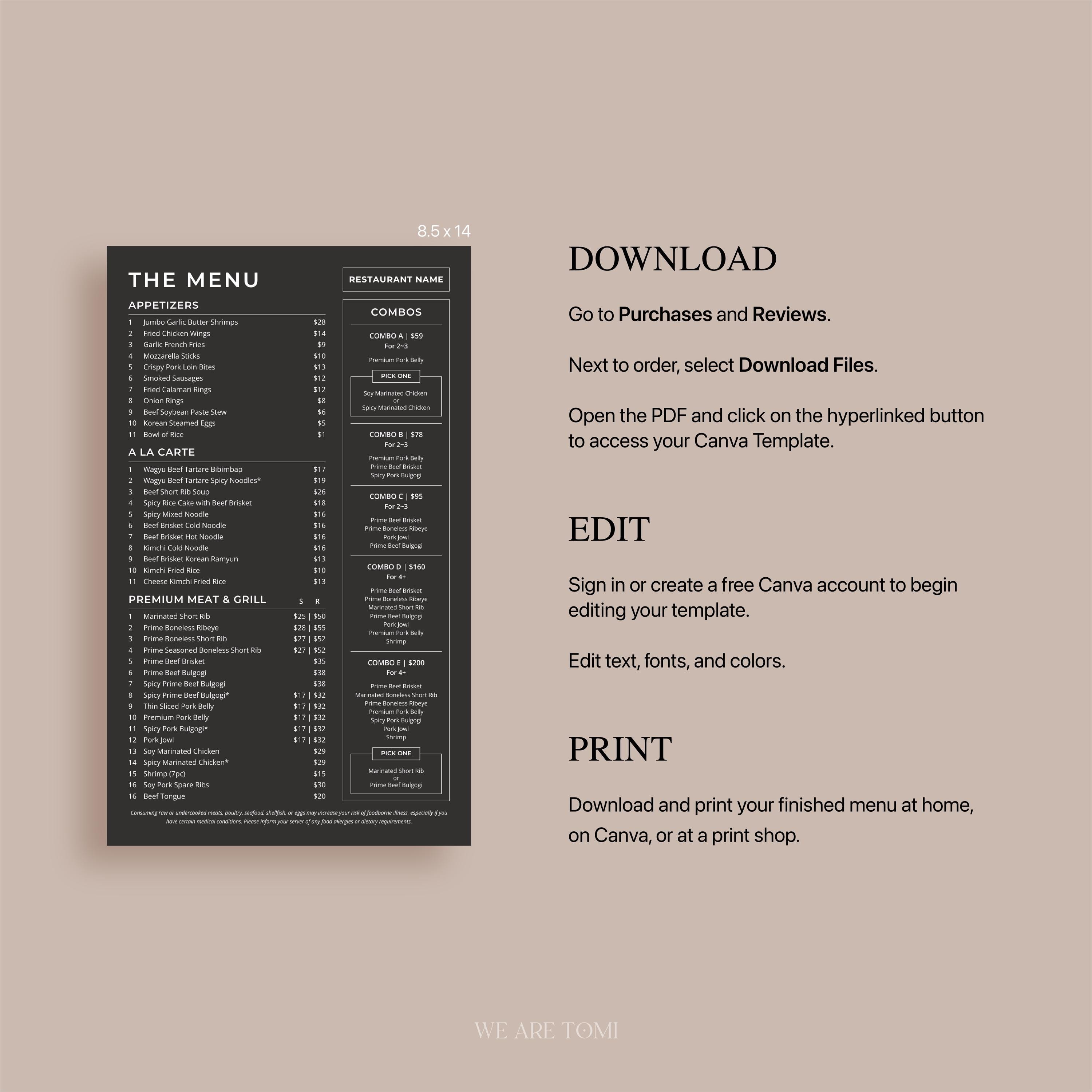 Classic Restaurant Menu Template: Editable Canva Design (8.5x14 Legal ...