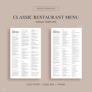 Plantilla de menú de restaurante clásico, plantilla de restaurante Canva, menú de bebidas de restaurante editable, plantilla de menú de bar moderno, tamaño legal 8,5 x 14