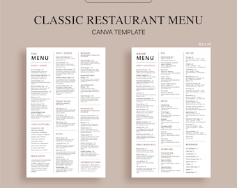Menusjabloon klassiek restaurant: bewerkbaar canva-barmenu (8,5 x 14) (digitale download)