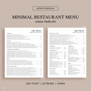 Minimal Restaurant Menu Canva Template, Editable Restaurant Menu Template, Minimalistic Menu, Standard Letter Size 8.5x11, Instant Download