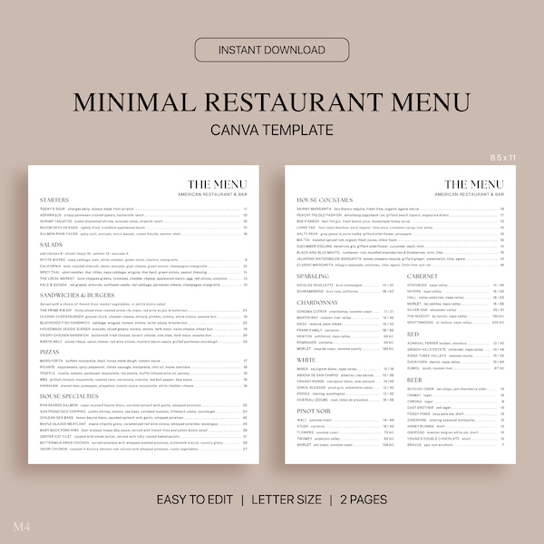 Minimal Restaurant Menu Canva Template, Editable Restaurant Menu Template, Minimalistic Menu, Standard Letter Size 8.5x11, Instant Download