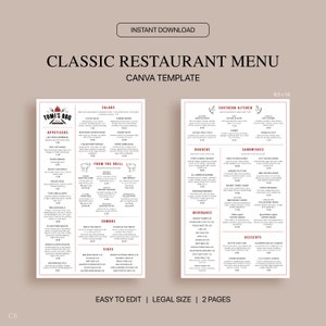 Plantilla Canva de menú de restaurante clásico, plantilla de menú de restaurante editable, menú moderno, tamaño legal 8.5x14, descarga instantánea