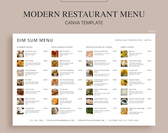 Canva-sjabloon voor menu modern restaurant: bewerkbaar grootboekmenu met foto's (17 x 11) (digitale download)