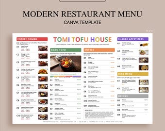 Modern restaurantmenucanvasjabloon: bewerkbaar placematmenu met foto's (17 x 11) (digitale download)