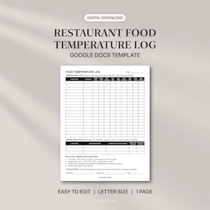 Könnte beinhalten: Eine digitale Vorlage für ein Restaurant-Lebensmitteltemperaturprotokoll als Google Docs-Datei. Das Dokument enthält ein Raster zur Erfassung von Lebensmitteln, Standorten, Start-, Mittel- und Endtemperaturen sowie Mitarbeiterinitialen.
