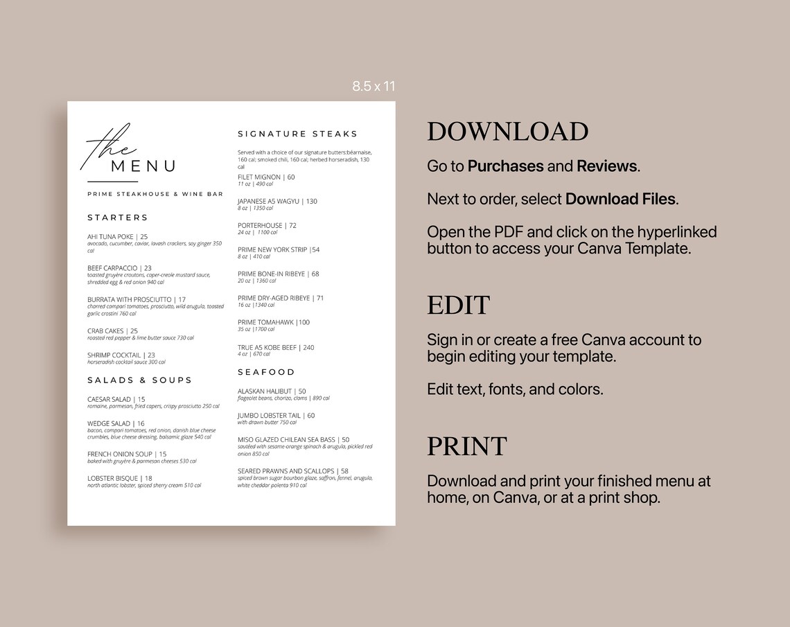 Minimal Restaurant Menu Canva Template Editable Restaurant Etsy