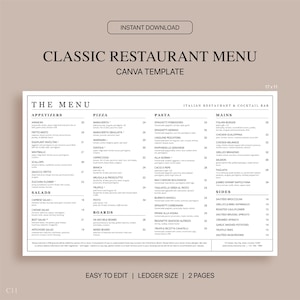 Plantilla de menú de restaurante clásico de Canva, plantilla de menú de restaurante moderno editable, menú de tamaño de libro mayor de 17 x 11, menú de restaurante plegable