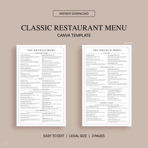Plantilla Canva de menú de restaurante clásico, plantilla de menú de restaurante editable, menú minimalista, tamaño legal 8.5x14, descarga instantánea