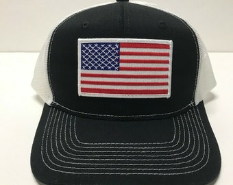 American Flag Trucker Hat, Embroidered Patch, Patriotic Snapback
