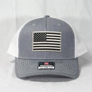 Richardson 112 American Flag 6 Panel Adjustable Snapback Trucker Mesh Hat, Richardson 112, US Flag Hat, American Flag Hat, White Leatherette