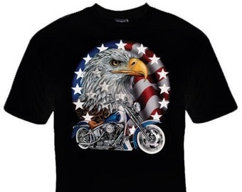 American Flag Bald Eagle Motorcycle Graphic T-Shirt