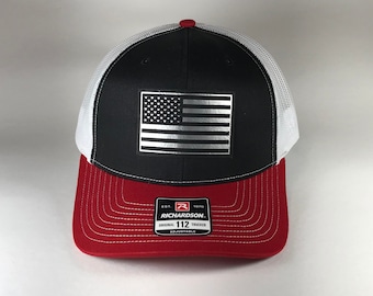 Richardson 112 Snapback, Leatherette Patch, American Flag Patch Trucker Hat