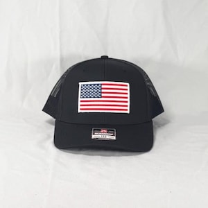 Richardson 112 Snapback, American Flag Embroidered Patch Trucker Hat, White Border USA Flag Hat, Black