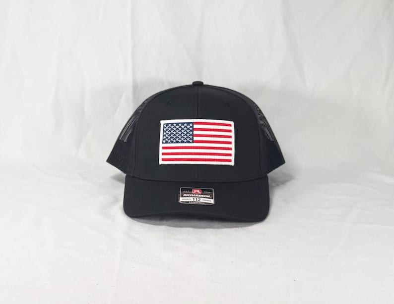 Richardson 112 Snapback, American Flag Embroidered Patch Trucker Hat, White Border USA Flag Hat, Black