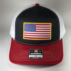 Richardson 112 American Flag 6 Panel Adjustable Snapback Trucker Mesh Hat, US Flag Hat, American Flag Hat, Richardson 112