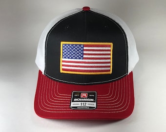 Richardson 112 Snapback, American Flag Embroidered Patch Trucker Hat, Gold Border USA Flag