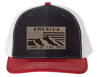 American Flag Land Of The Free 6 Panel Adjustable Snapback Trucker Mesh Hat Richardson 112, American Flag Hat, Richardson 112, Faux Leather