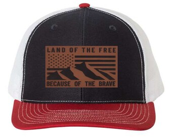 American Flag Land Of The Free Because Of The Brave 6 Panel Adjustable Snapback Trucker Mesh Hat Richardson 112, Faux Leather