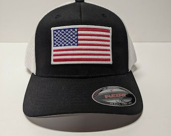 Embroidered American Flag Patch FlexFit Hat, Patriotic USA Baseball Cap