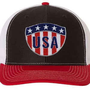 USA Flag Shield 6 Panel Adjustable Snapback Trucker Mesh Hat Richardson 112, US Flag Hat, American Flag Hat, Richardson 112