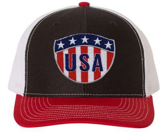 USA Flag Shield 6 Panel Adjustable Snapback Trucker Mesh Hat Richardson 112, US Flag Hat, American Flag Hat, Richardson 112