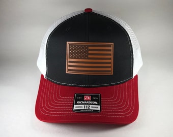 Richardson 112 Trucker Hat, American Flag Genuine Leather Patch