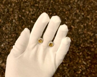 Yellow | Small round halo stud earrings | Canary yellow earrings | Lady Gaga earrings
