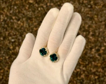 Green | Cushion halo lever back earrings | Emerald green earrings for women | May birthstone jewelry | Formal event jewelry | Prom earrings