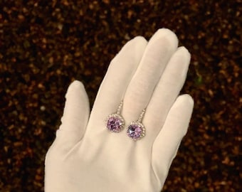 Purple | Cushion halo drop crystal lever-back earrings | Rhinestone lever square earrings | Bridal earrings | Violet jewelry | Liz