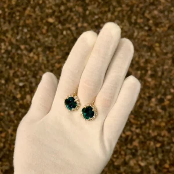 Green | Cushion halo lever back earrings | Emerald green earrings for women | May birthstone jewelry | Formal event jewelry | Prom earrings