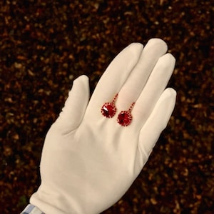 Red | Round rivoli halo drop crystal lever back earrings | Wizard of Oz | Ruby Slippers inspired earrings for women | July birthstone Leo