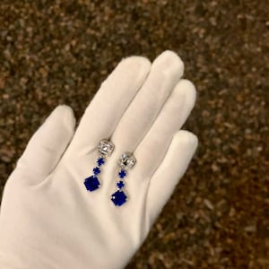 Clear and Blue | Asscher and round cut drop stud earrings | Queen Elizabeth Imperial cut earrings