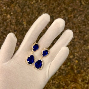 Blue | Pear halo drop earrings | Titanic Heart of the Ocean Inspired | Teardrop chandelier earrings