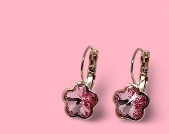 Pink | Cherry Blossom crystal rhinestone lever back earrings | Rose gold Sakura earrings | Sakura jewelry | Spring fashion earrings | Flower