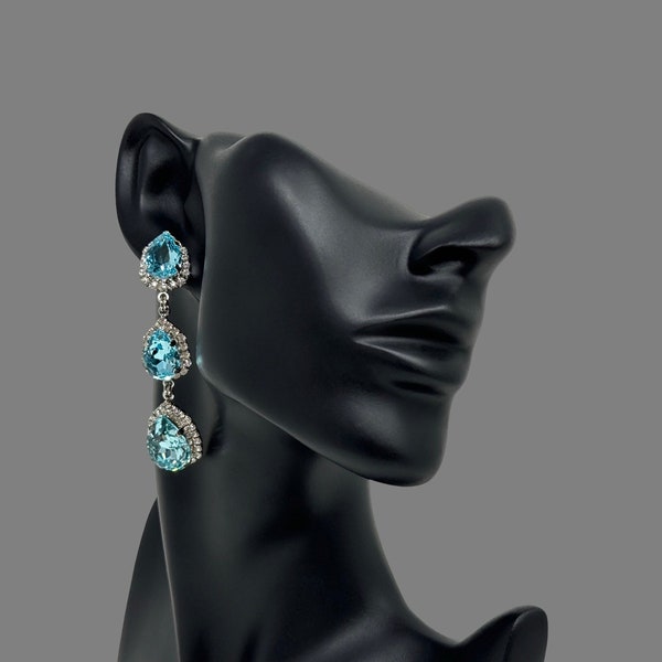 Blue | Robin’s Egg Blue pear halo crystal rhinestone post earrings | Crystal chandelier earrings | Dangle earrings for wedding | Turquoise