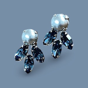 Gray and Blue | Pearl and Marquise Crystal stud earrings | Round and Navette Grey and Denim Blue post earrings | Fall fashion trends