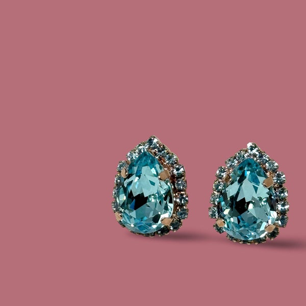 Blue | Robin’s Egg Blue pear halo crystal rhinestone stud earrings | Something Blue bridal post earrings | Turquoise earrings for women