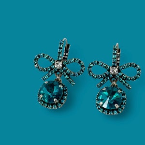 Blue | Bow and round rivoli crystal rhinestone dangly lever back earrings | December birthstone jewelry | Winter wedding bride teal earrings