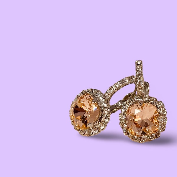 Peach | 2024 Color of the Year | Cushion halo crystal rhinestone lever back earrings | Peach pillow cut drop earrings for women