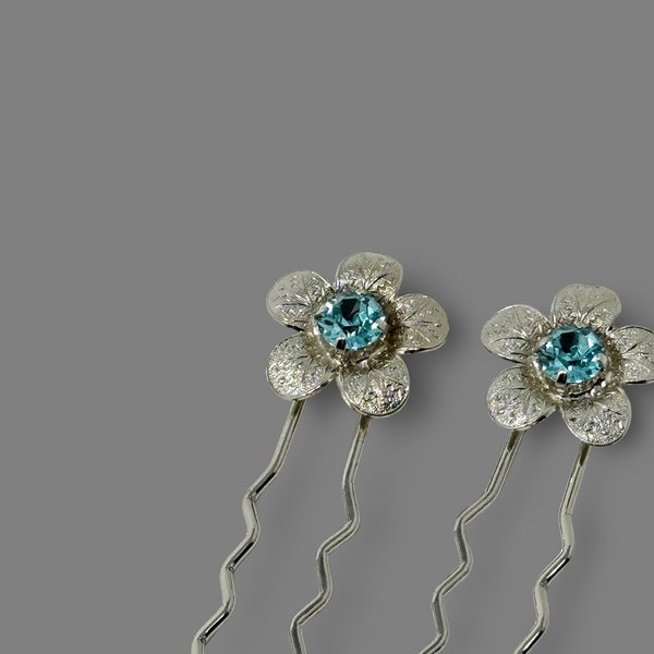 Blue | Flower and round crystal rhinestone long hair pins for brides | Something Blue wedding hair accessories for brides | Turquoise | Aqua