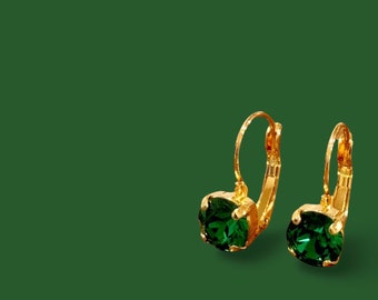 Green | Emerald green small round crystal lever back earrings | Green and gold earrings for women | Drop earrings for women | Irish bride