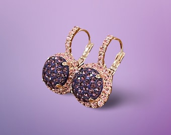 Purple and Pink | Sugarplum Fairy round halo pave crystal lever back earrings | Ballet drop earrings for women | February birthstone