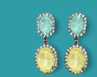 Green and Yellow | Oval cut crystal rhinestone halo post dangle earrings | Butter Yellow and seafoam teardrop chandelier dangly earrings