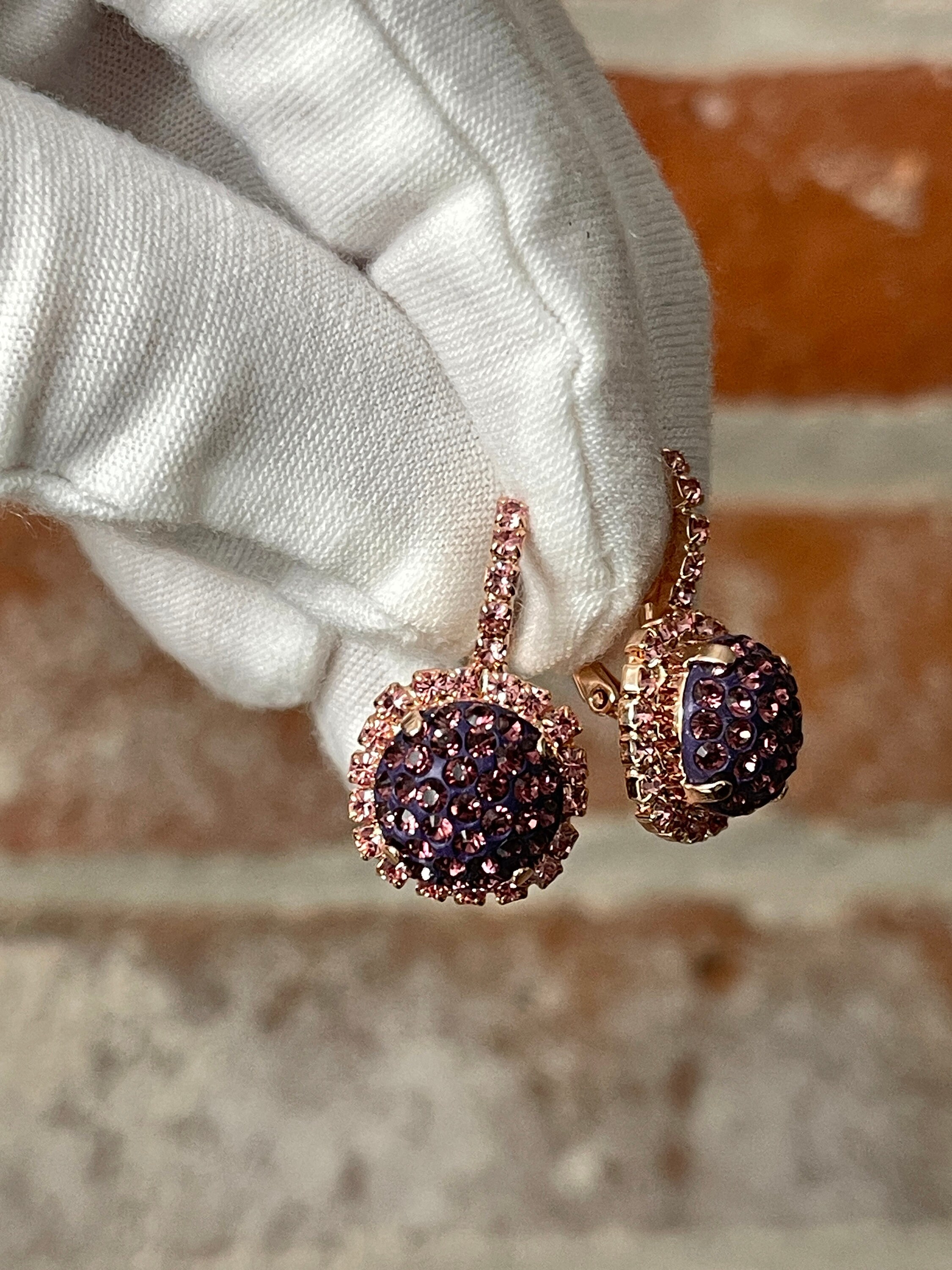 Boucles D'oreilles Dormeuses Halo Violet Avec Cristaux - En Argent 925/1000 - Longueur 26 Mm - Neuf