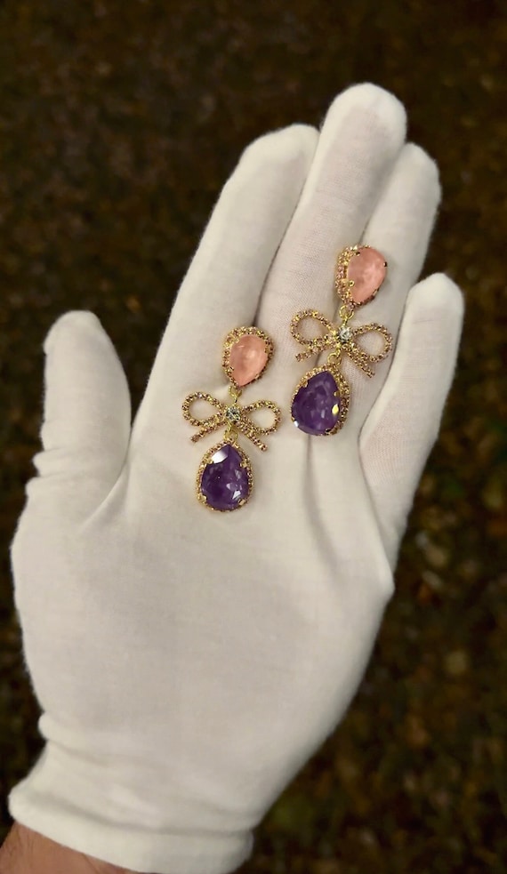 Pink and Purple | Sugarplum Fairy bow and pear halo crystal post earrings | Nutcracker Ballet inspired earrings for women | Ballet fashion