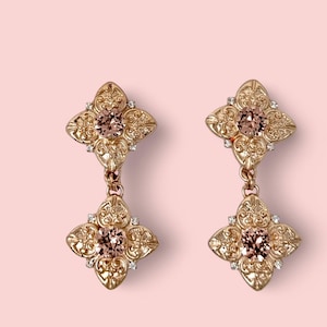 Pink | Victorian inspired ornate dangly crystal post earrings | Blush Pink rose gold Titanic formal earrings | Dangle earrings for women