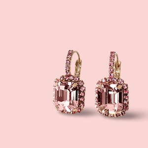 Pink | Emerald cut crystal rhinestone lever back earrings | Blush pink octagon drop earrings for women | Romantic bridal jewelry for wedding