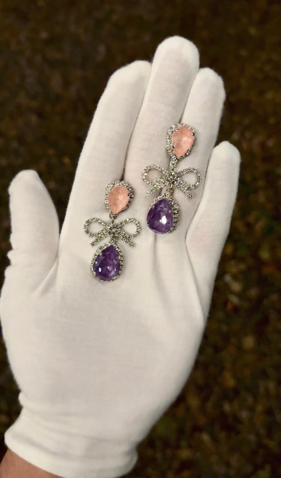 Pink and Purple | Sugarplum Fairy bow and pear halo crystal post earrings | Nutcracker Ballet inspired earrings for women | Ballet fashion
