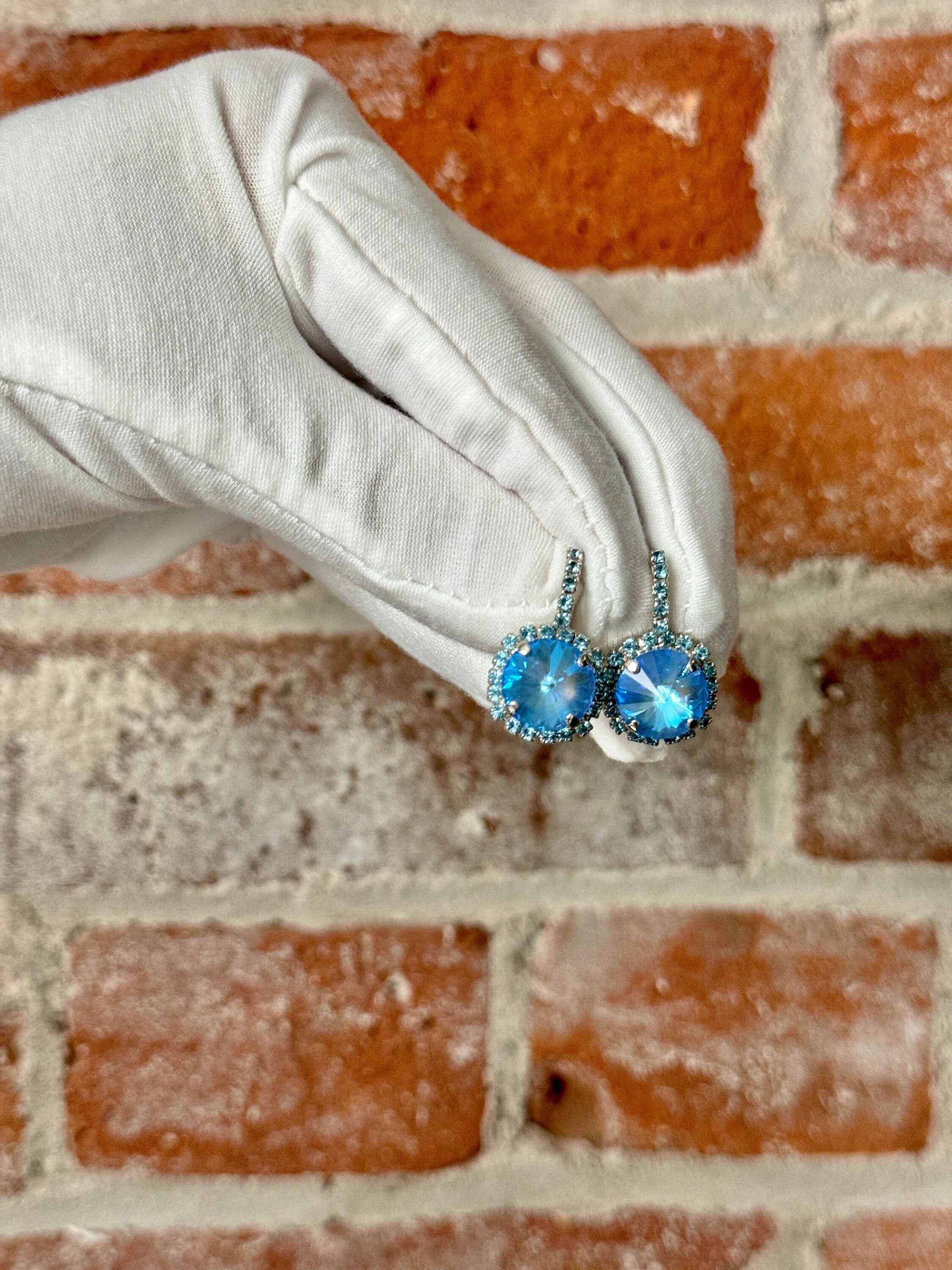 Boucles D'oreilles Dormeuses Argent 925 Avec Halo Bleu - Création Européenne - Silverspeck
