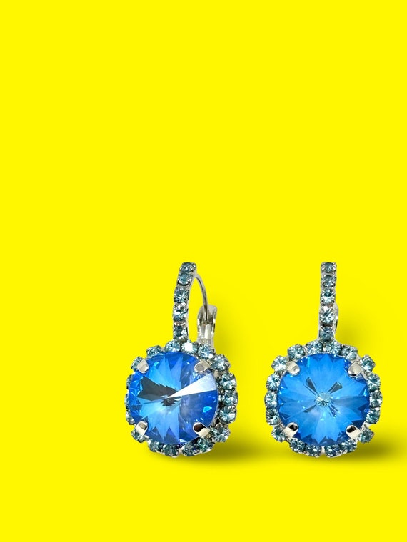 Boucles D'oreilles Dormeuses Argent Sterling 925 Avec Halo Bleu - Pierre Précieuse - Style Goutte